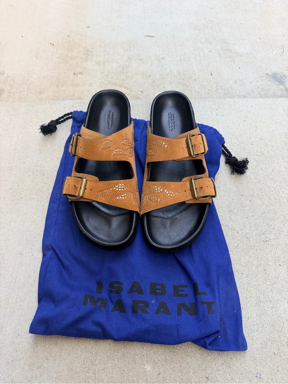 Isabel Marant Tan Suede Studded Double-Buckle Slide Sandals